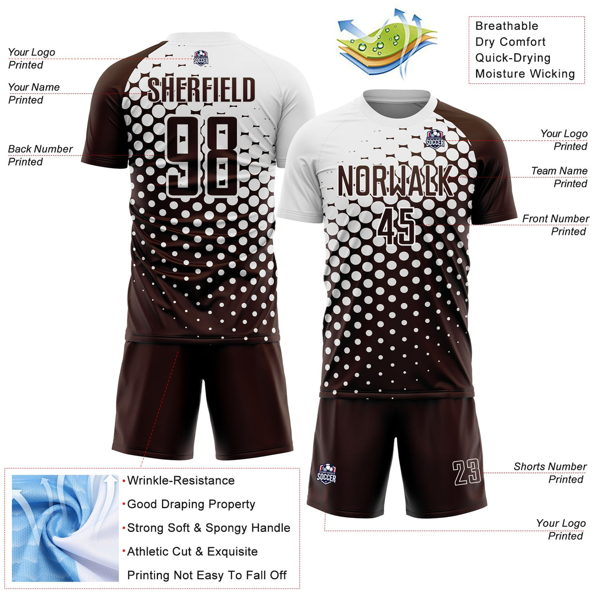 Custom Brown White Modern Polka Dot Sublimation Soccer Uniform Jersey Limited