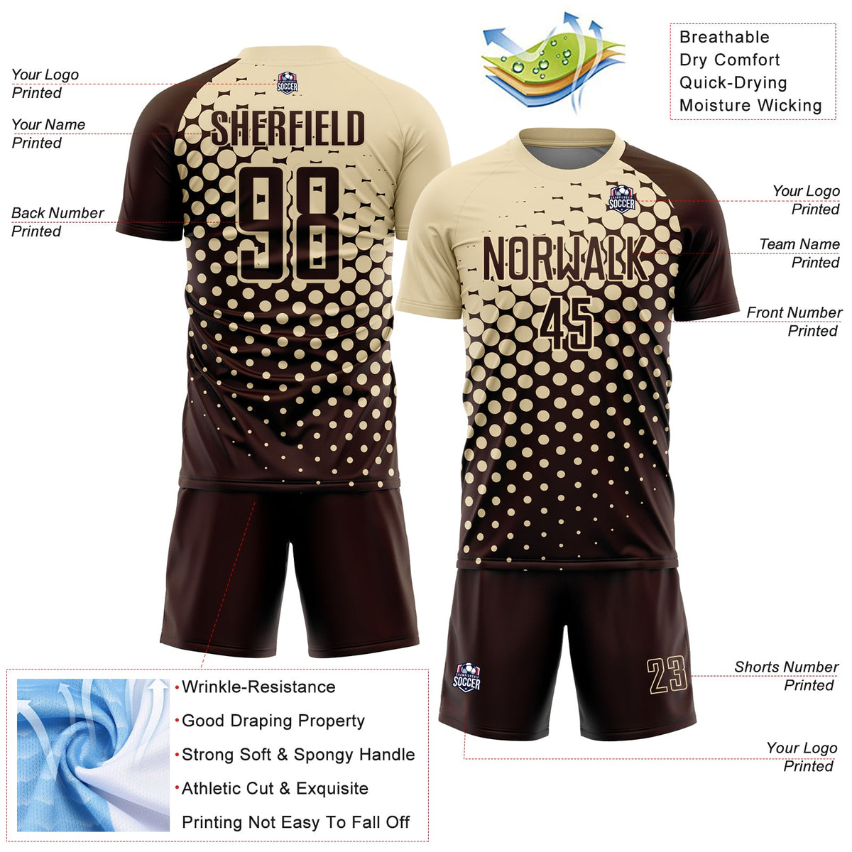 Custom Brown Cream Modern Polka Dot Sublimation Soccer Uniform Jersey Limited