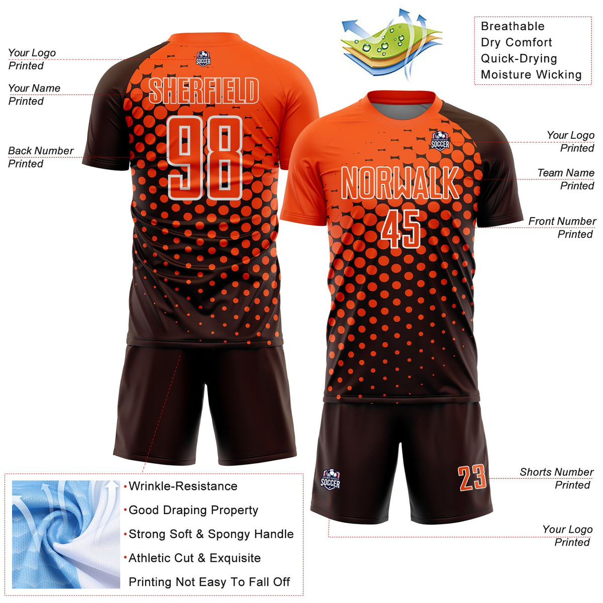 Custom Brown Orange-White Modern Polka Dot Sublimation Soccer Uniform Jersey Limited