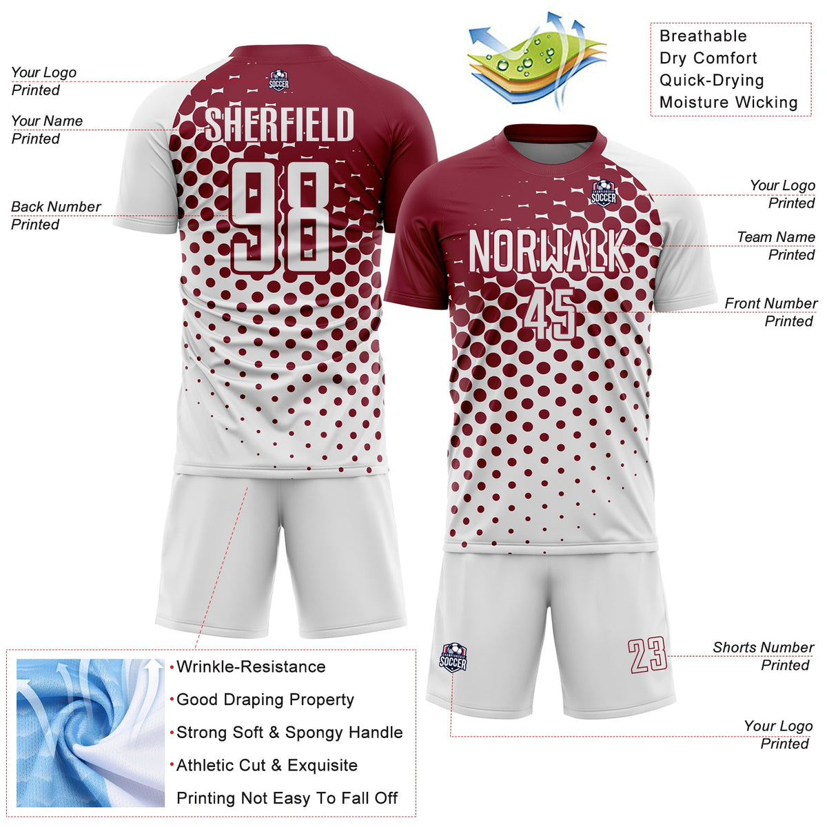 Custom White Crimson Modern Polka Dot Sublimation Soccer Uniform Jersey Limited