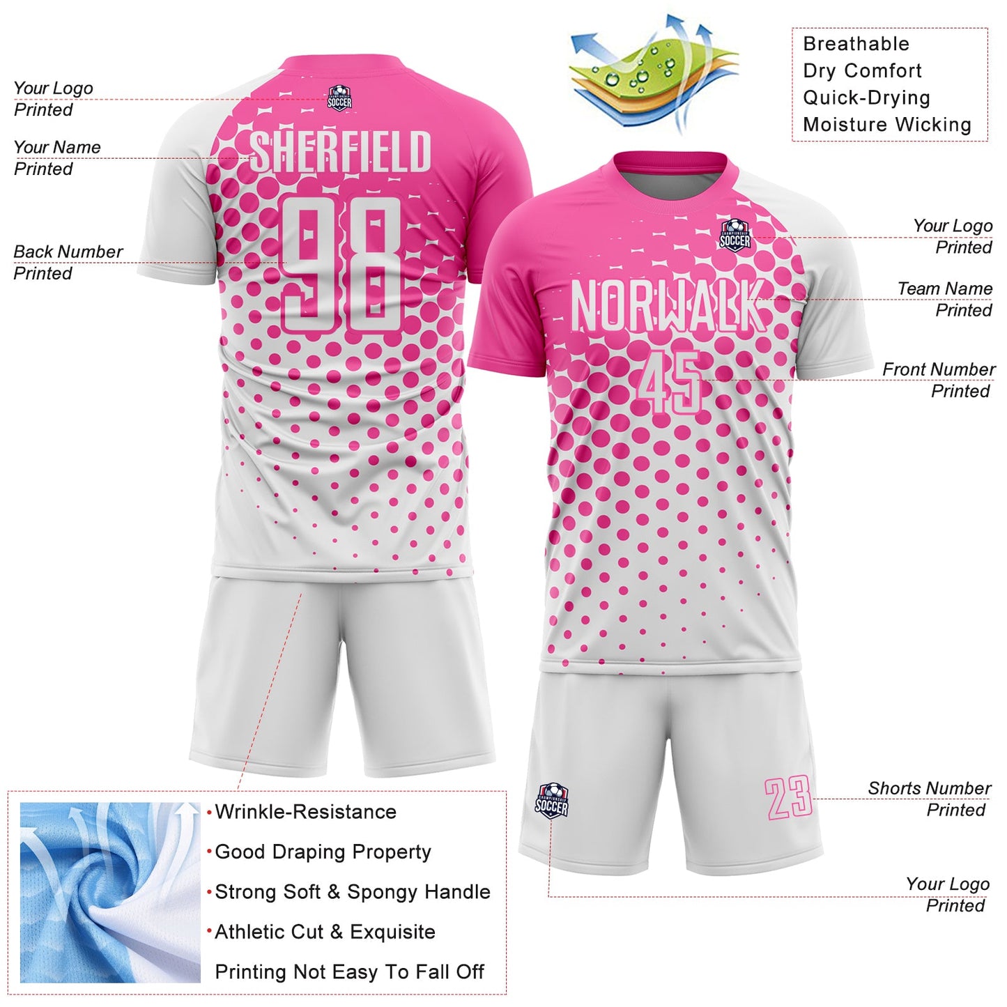 Custom White Pink Modern Polka Dot Sublimation Soccer Uniform Jersey Limited