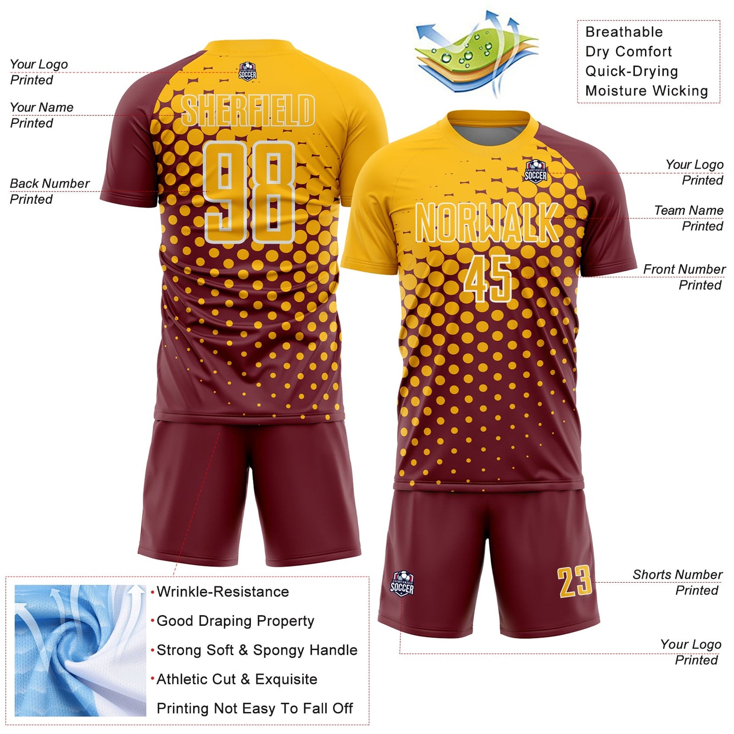 Custom Burgundy Gold-White Modern Polka Dot Sublimation Soccer Uniform Jersey Limited