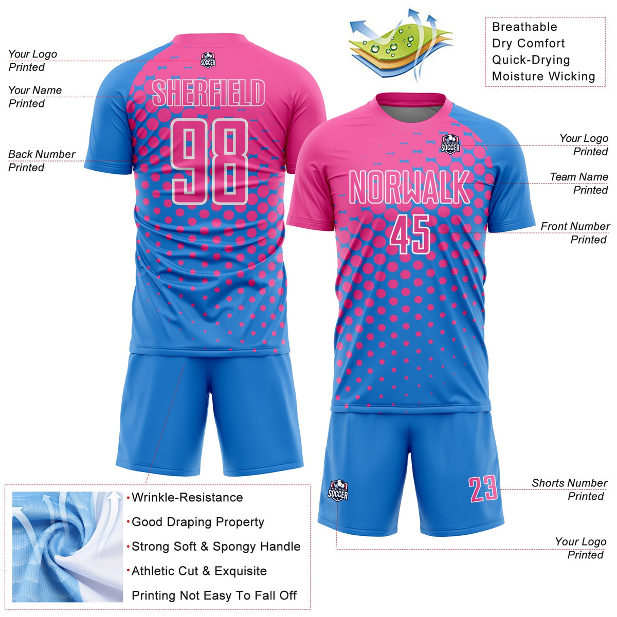 Custom Powder Blue Pink-White Modern Polka Dot Sublimation Soccer Uniform Jersey Limited