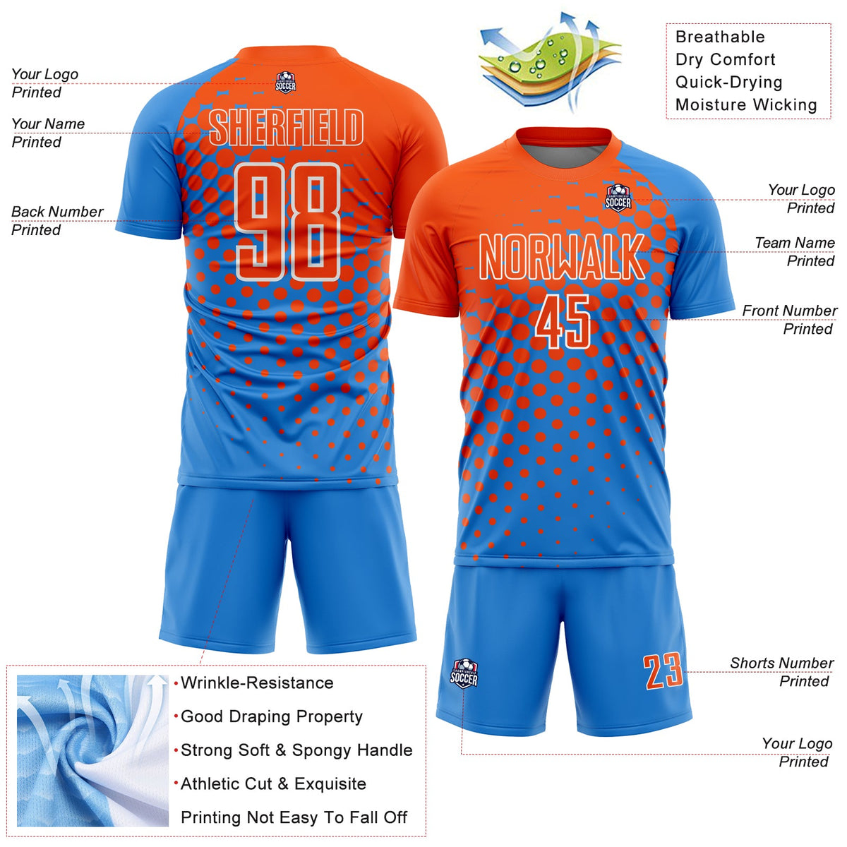 Custom Powder Blue Orange-White Modern Polka Dot Sublimation Soccer Uniform Jersey Limited