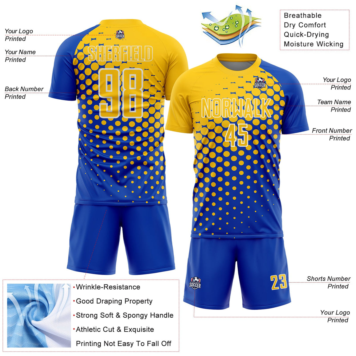 Custom Thunder Blue Yellow-White Modern Polka Dot Sublimation Soccer Uniform Jersey Limited