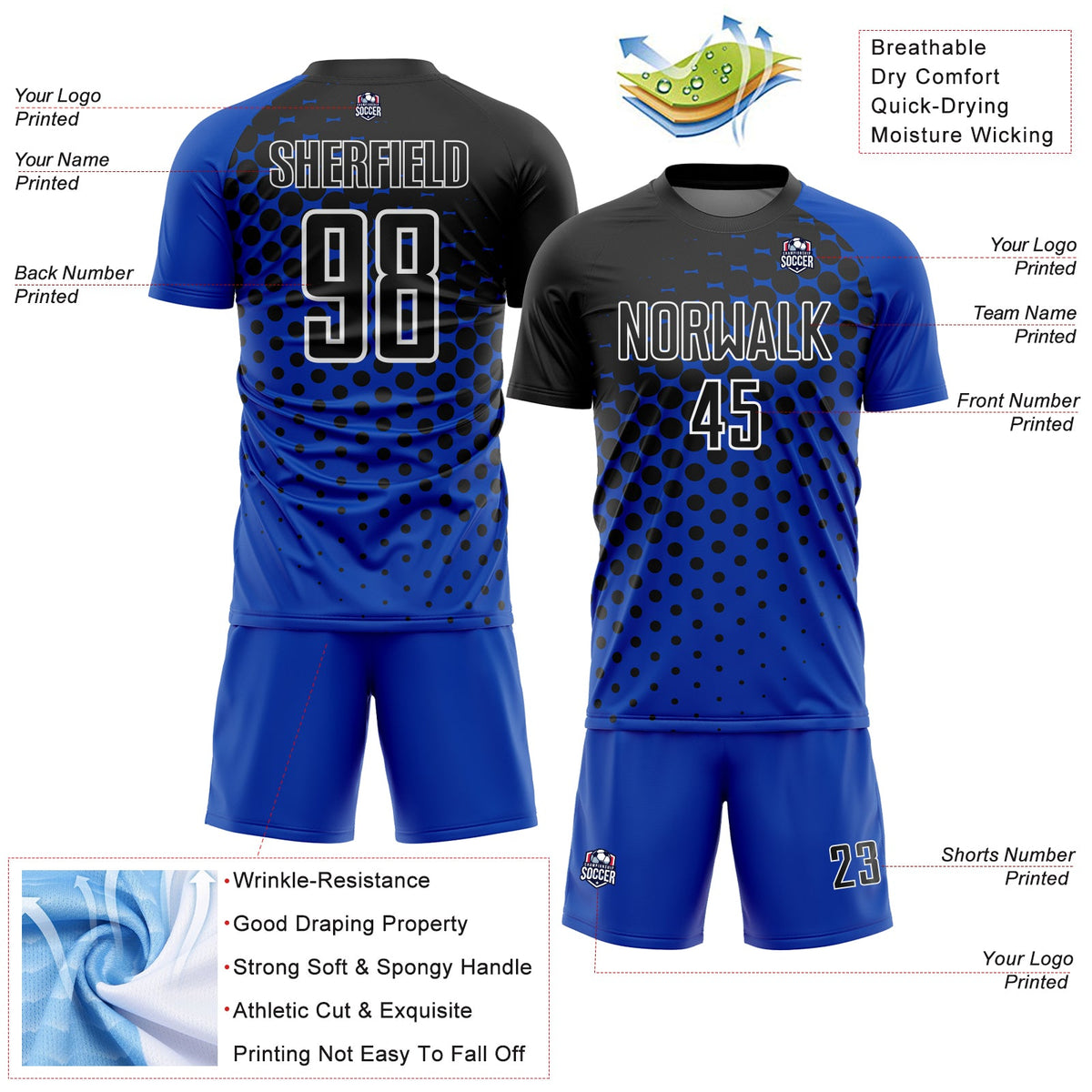 Custom Thunder Blue Black-White Modern Polka Dot Sublimation Soccer Uniform Jersey Limited