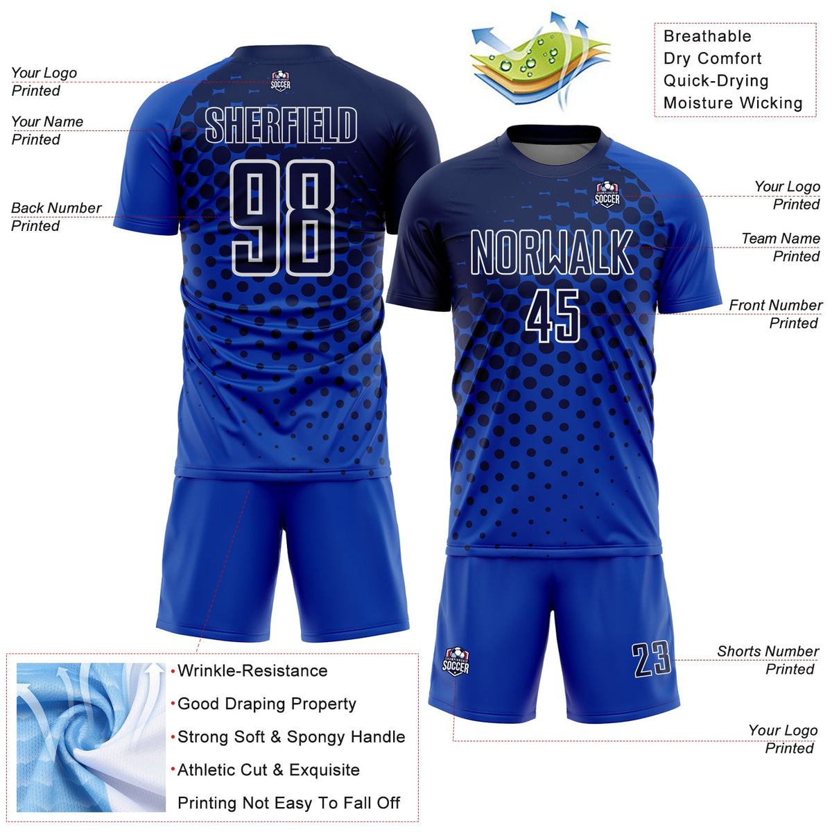 Custom Thunder Blue Navy-White Modern Polka Dot Sublimation Soccer Uniform Jersey Limited