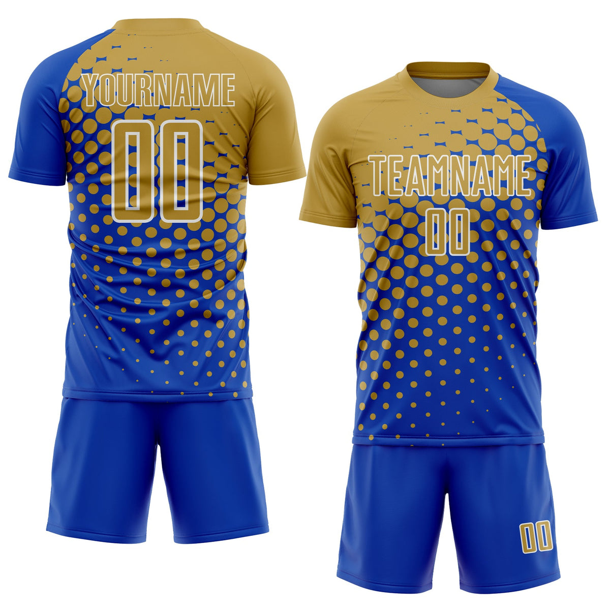 Custom Thunder Blue Old Gold-White Modern Polka Dot Sublimation Soccer Uniform Jersey Limited