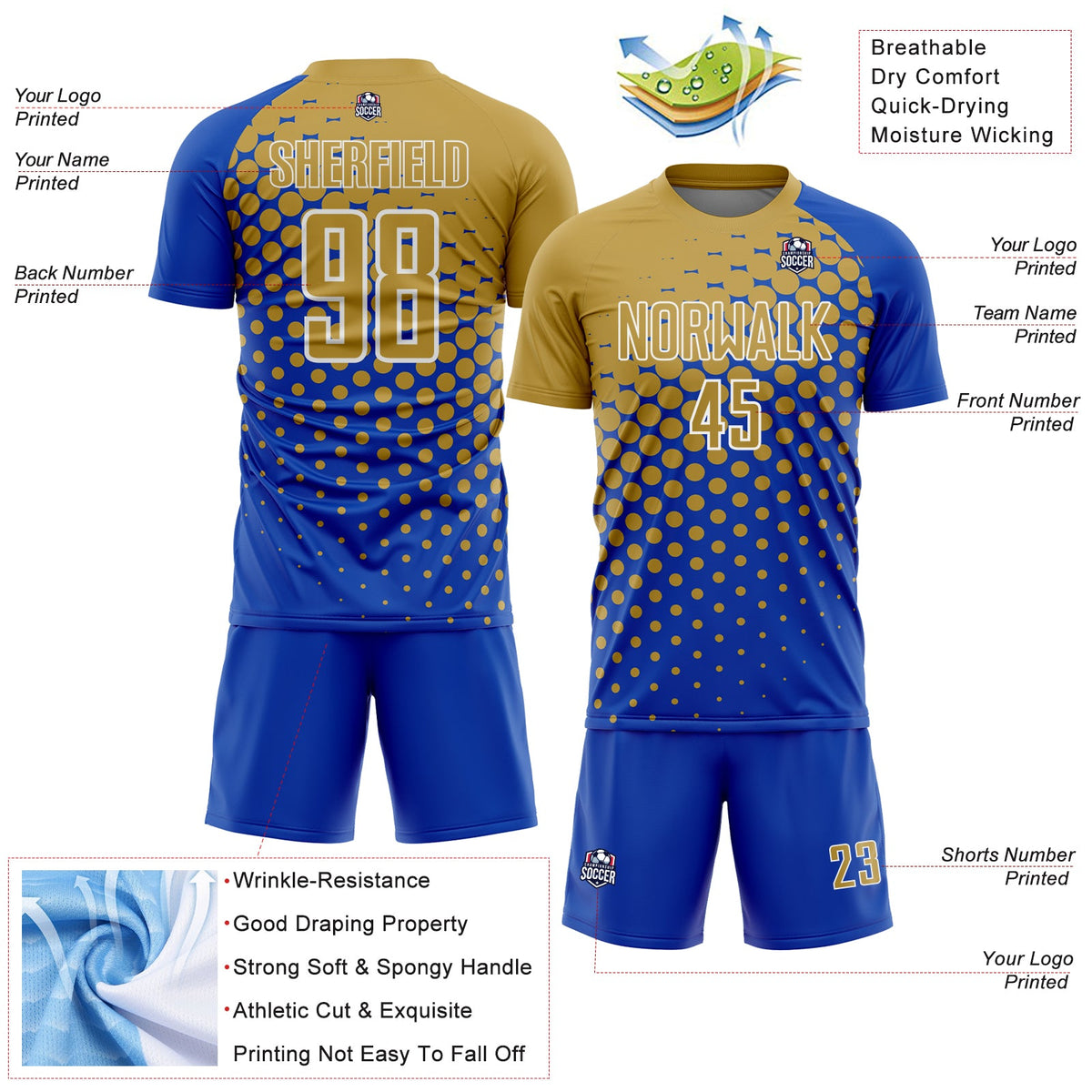 Custom Thunder Blue Old Gold-White Modern Polka Dot Sublimation Soccer Uniform Jersey Limited