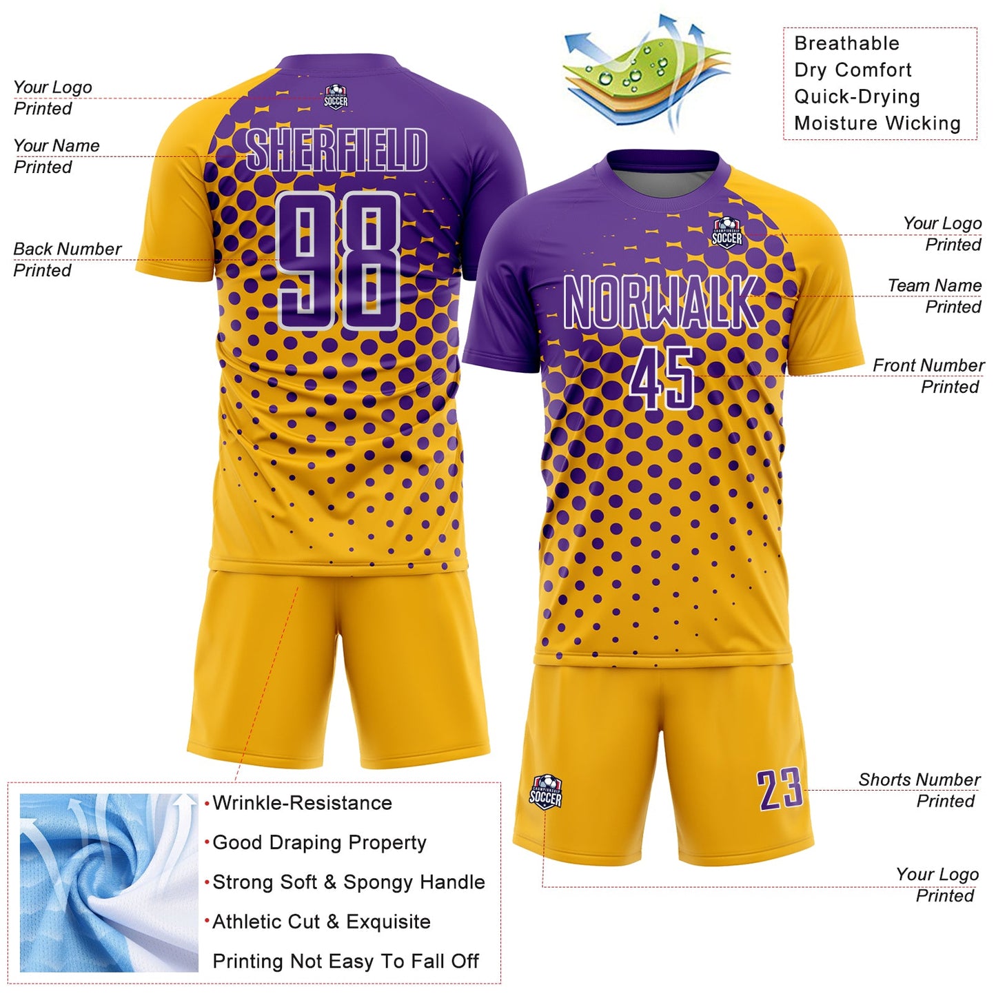Custom Gold Purple-White Modern Polka Dot Sublimation Soccer Uniform Jersey Limited
