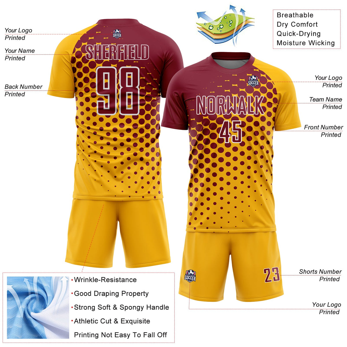 Custom Gold Crimson-White Modern Polka Dot Sublimation Soccer Uniform Jersey Limited