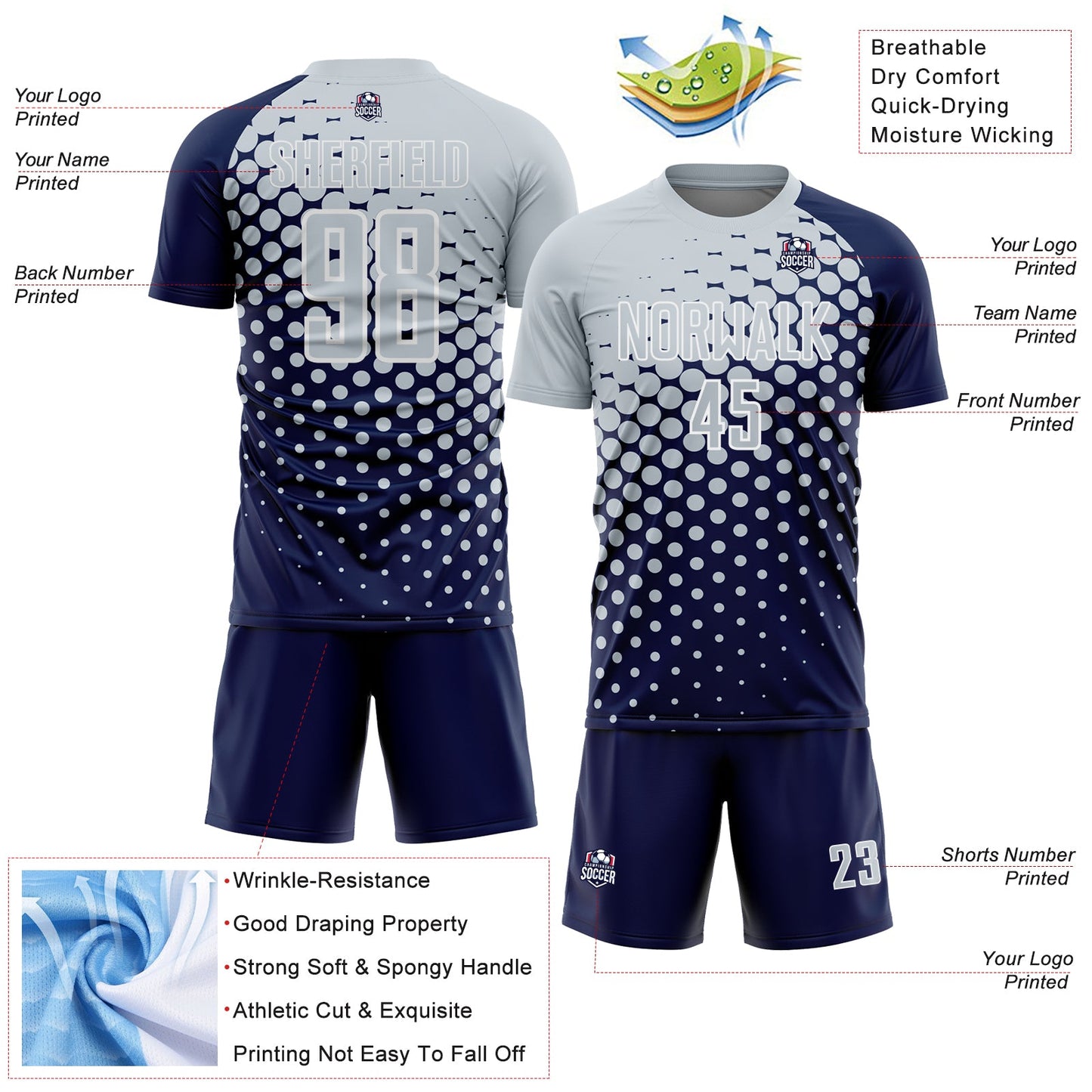 Custom Navy Silver-White Modern Polka Dot Sublimation Soccer Uniform Jersey Limited