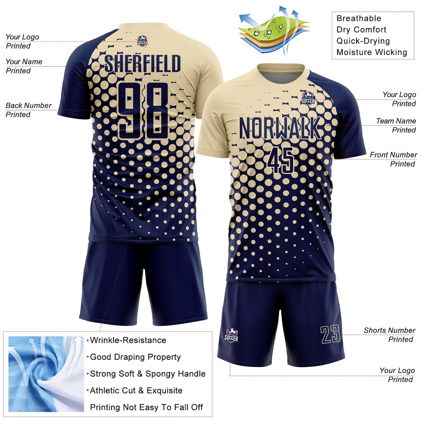 Custom Navy Cream Modern Polka Dot Sublimation Soccer Uniform Jersey Limited