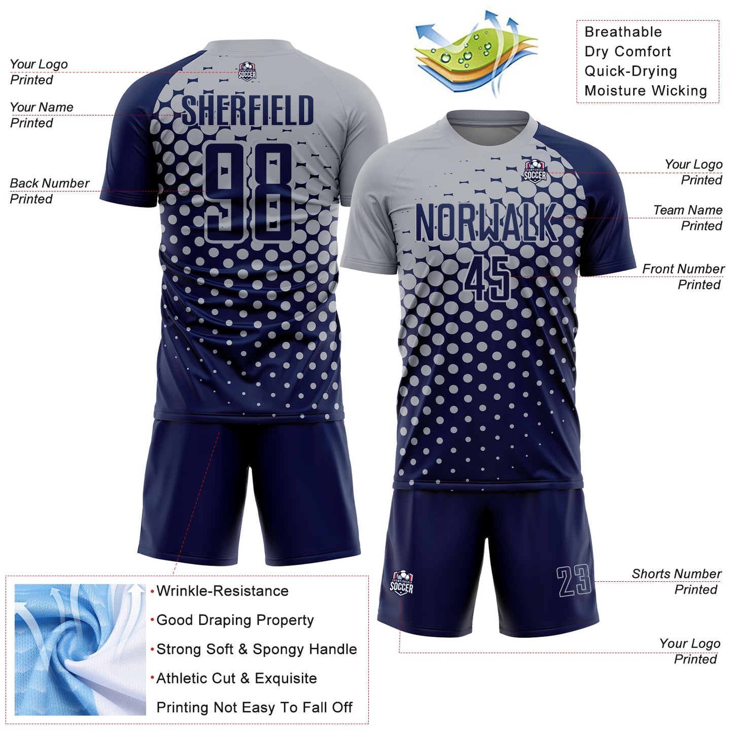 Custom Navy Gray Modern Polka Dot Sublimation Soccer Uniform Jersey Limited