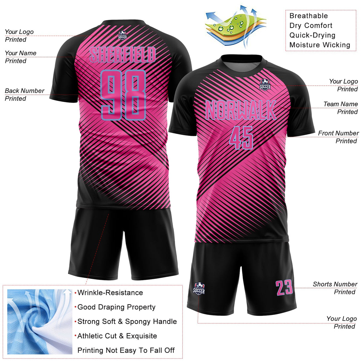 Custom Black Pink-Light Blue Line Sublimation Soccer Uniform Jersey Limited