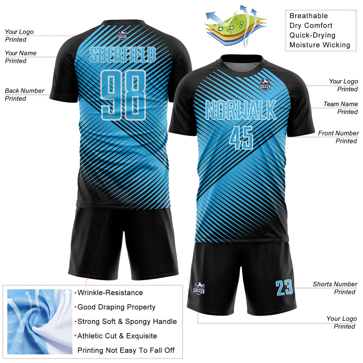 Custom Black Sky Blue-White Line Sublimation Soccer Uniform Jersey Limited