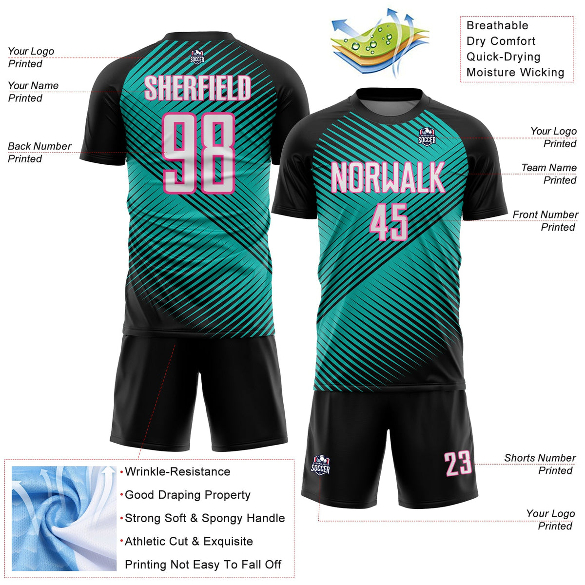 Custom Black White Aqua-Pink Line Sublimation Soccer Uniform Jersey Limited