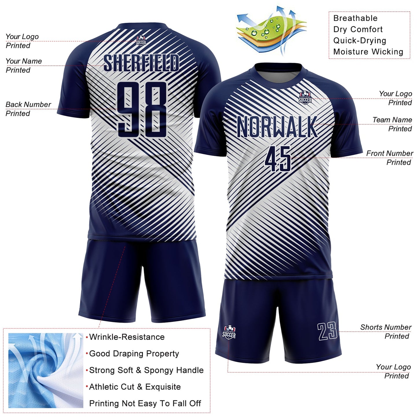 Custom Navy White Line Sublimation Soccer Uniform Jersey Limited