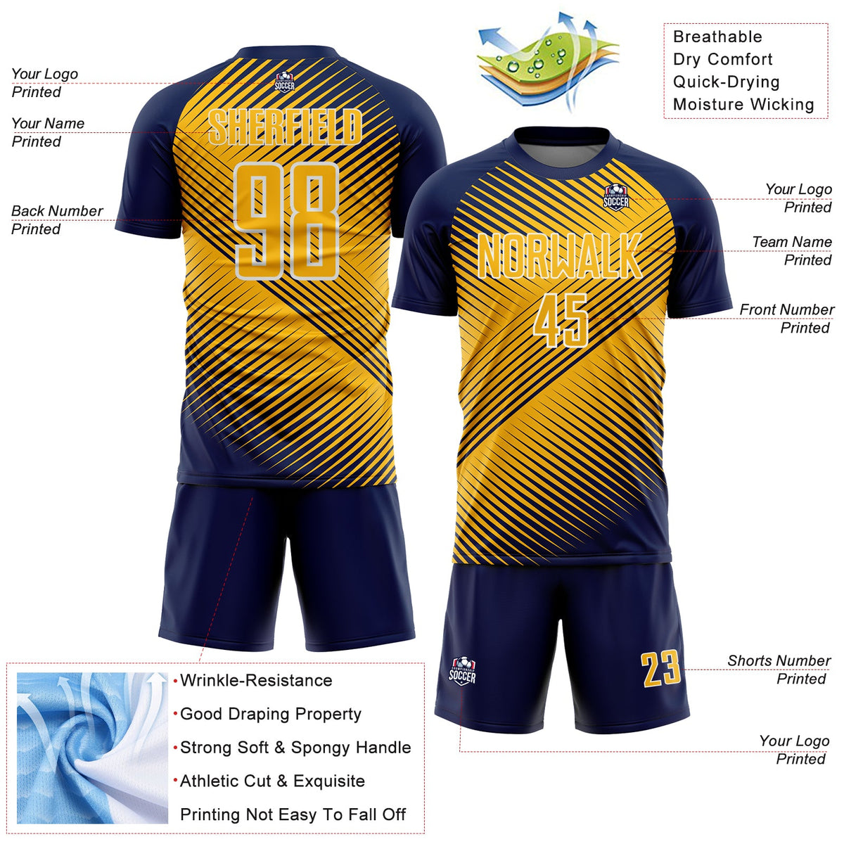 Custom Navy Gold-White Line Sublimation Soccer Uniform Jersey Limited