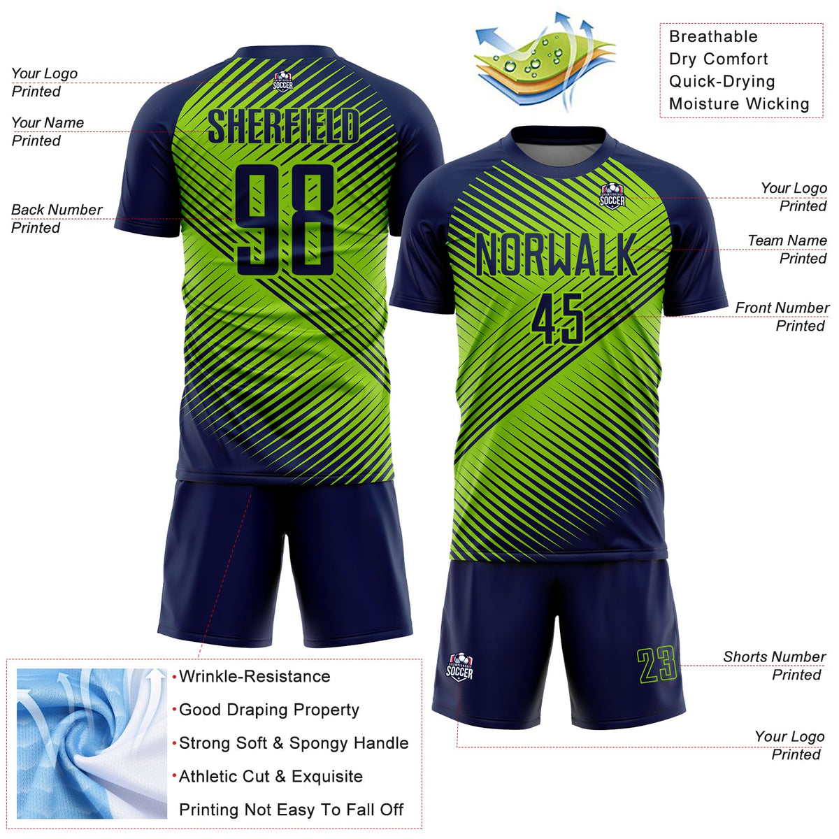 Custom Navy Neon Green Line Sublimation Soccer Uniform Jersey Limited