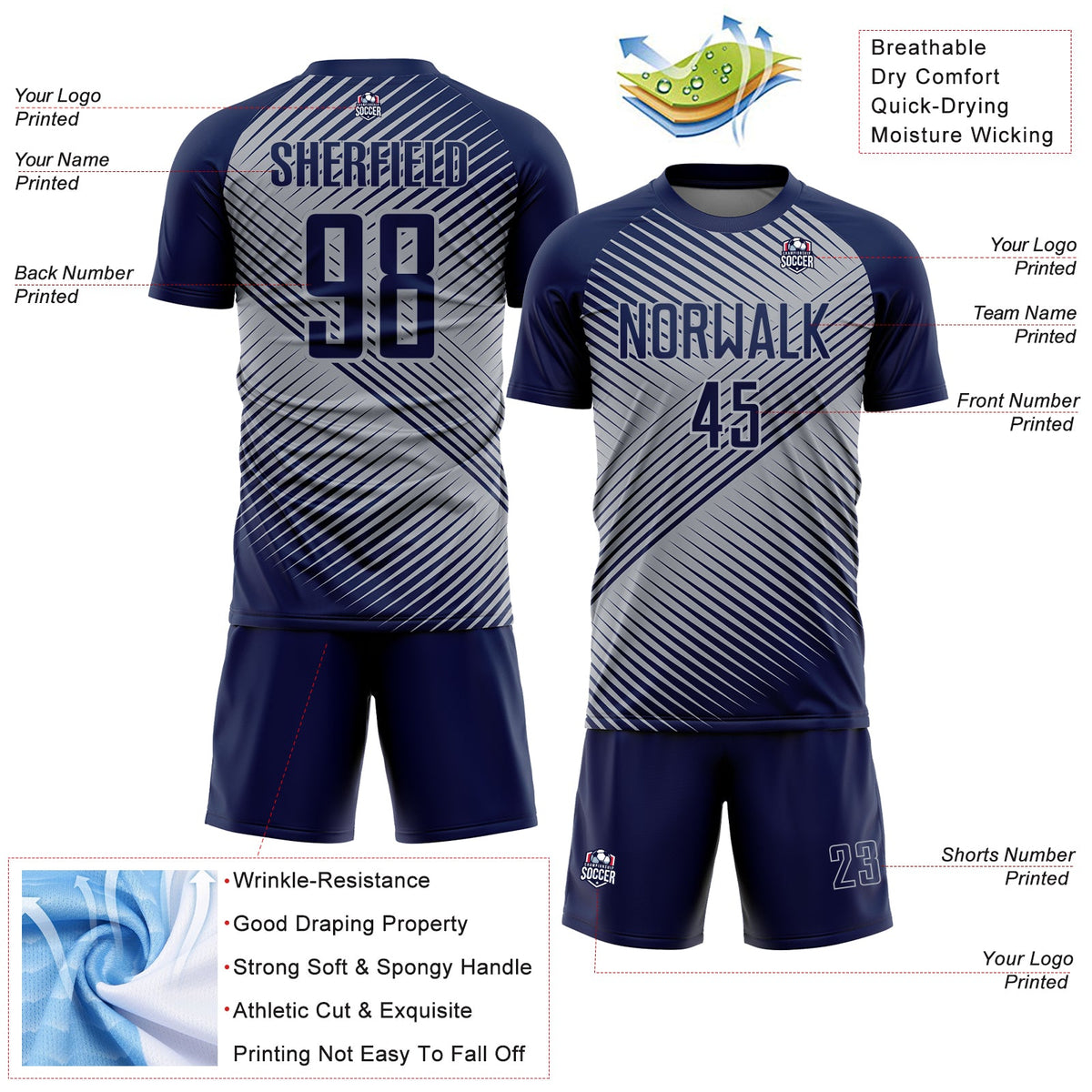 Custom Navy Gray Line Sublimation Soccer Uniform Jersey Limited