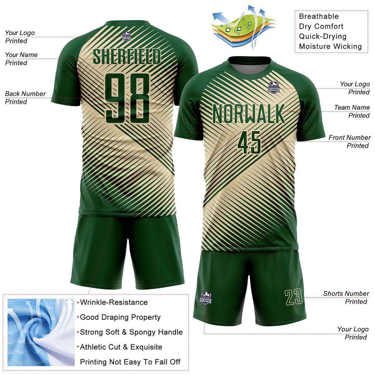Custom Green Cream Line Sublimation Soccer Uniform Jersey Limited