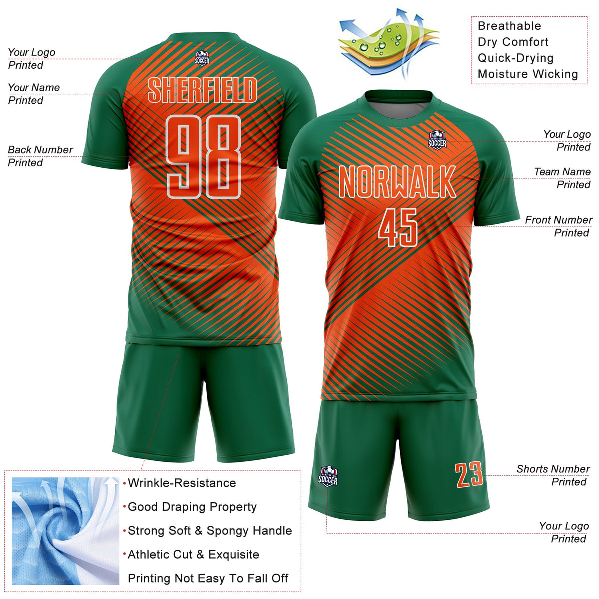 Custom Kelly Green Orange-White Line Sublimation Soccer Uniform Jersey Limited