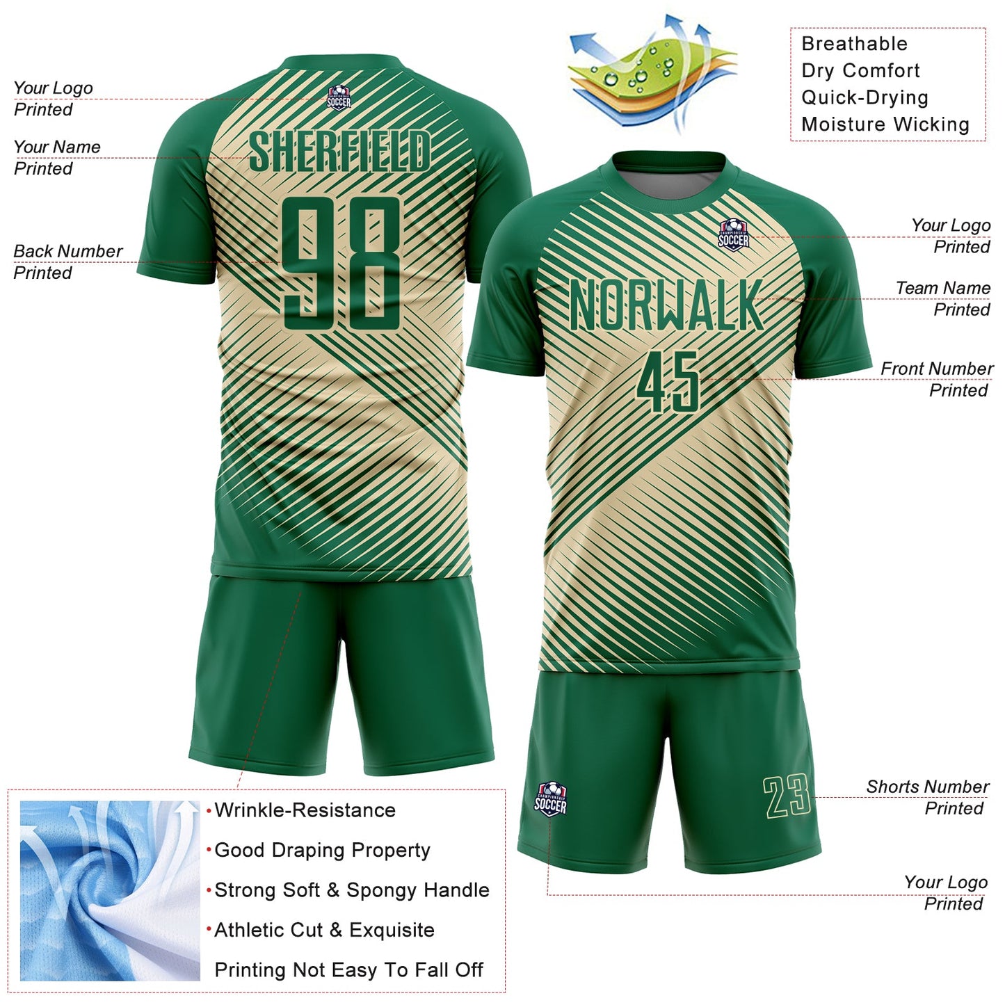 Custom Kelly Green Cream Line Sublimation Soccer Uniform Jersey Limited