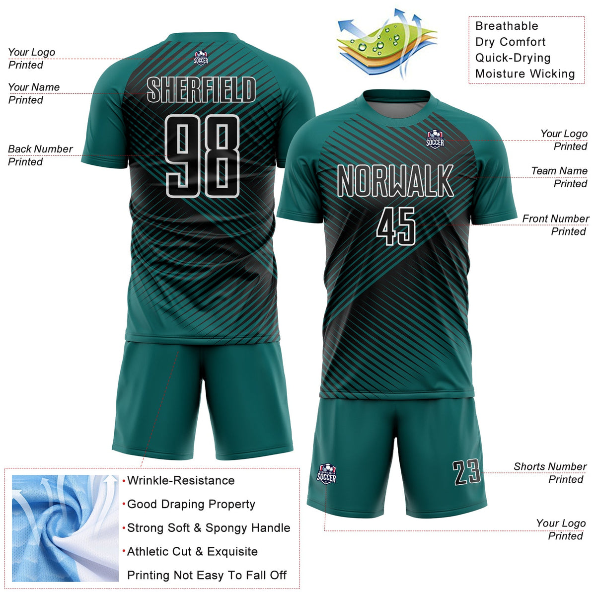 Custom Teal Black-White Line Sublimation Soccer Uniform Jersey Limited