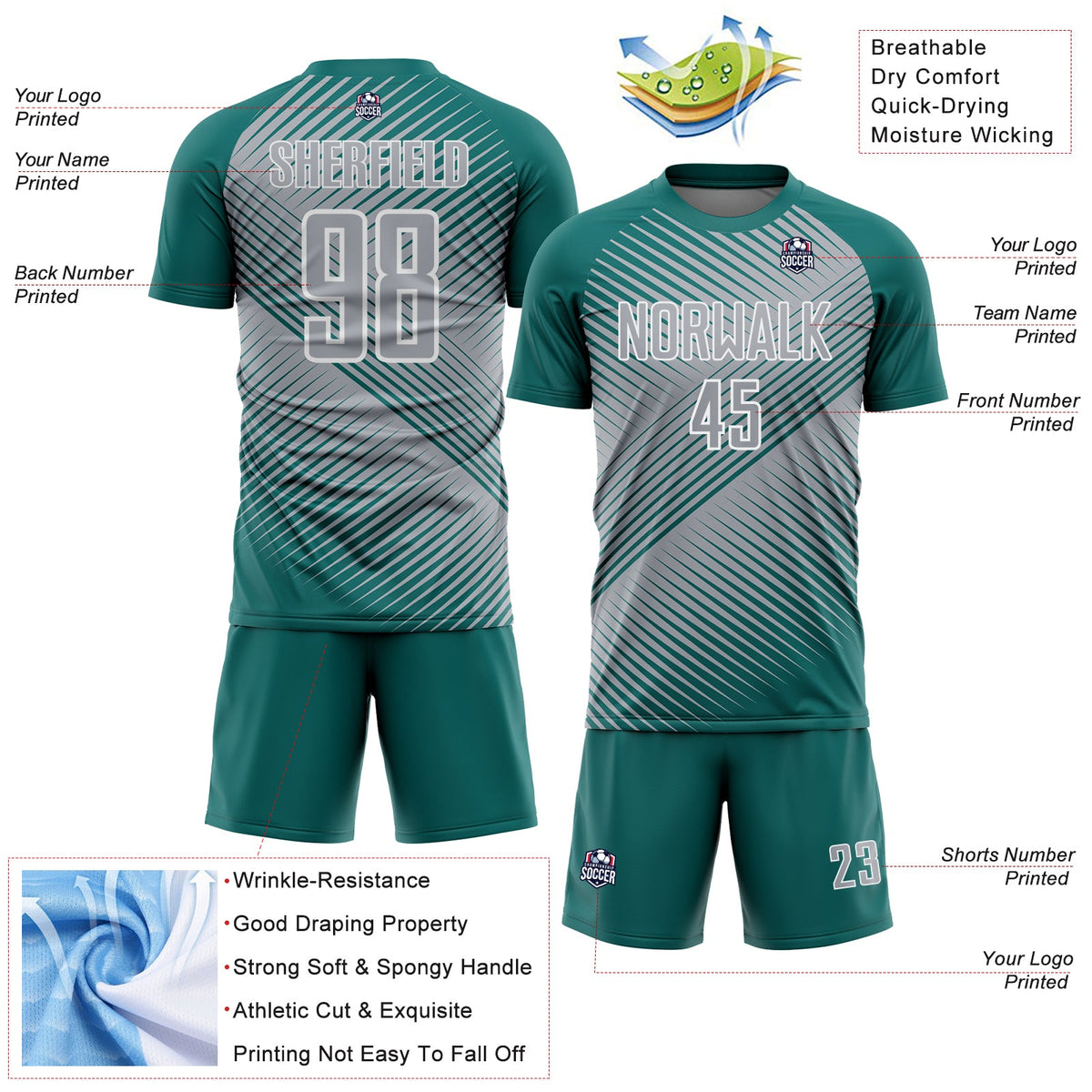 Custom Teal Gray-White Line Sublimation Soccer Uniform Jersey Limited