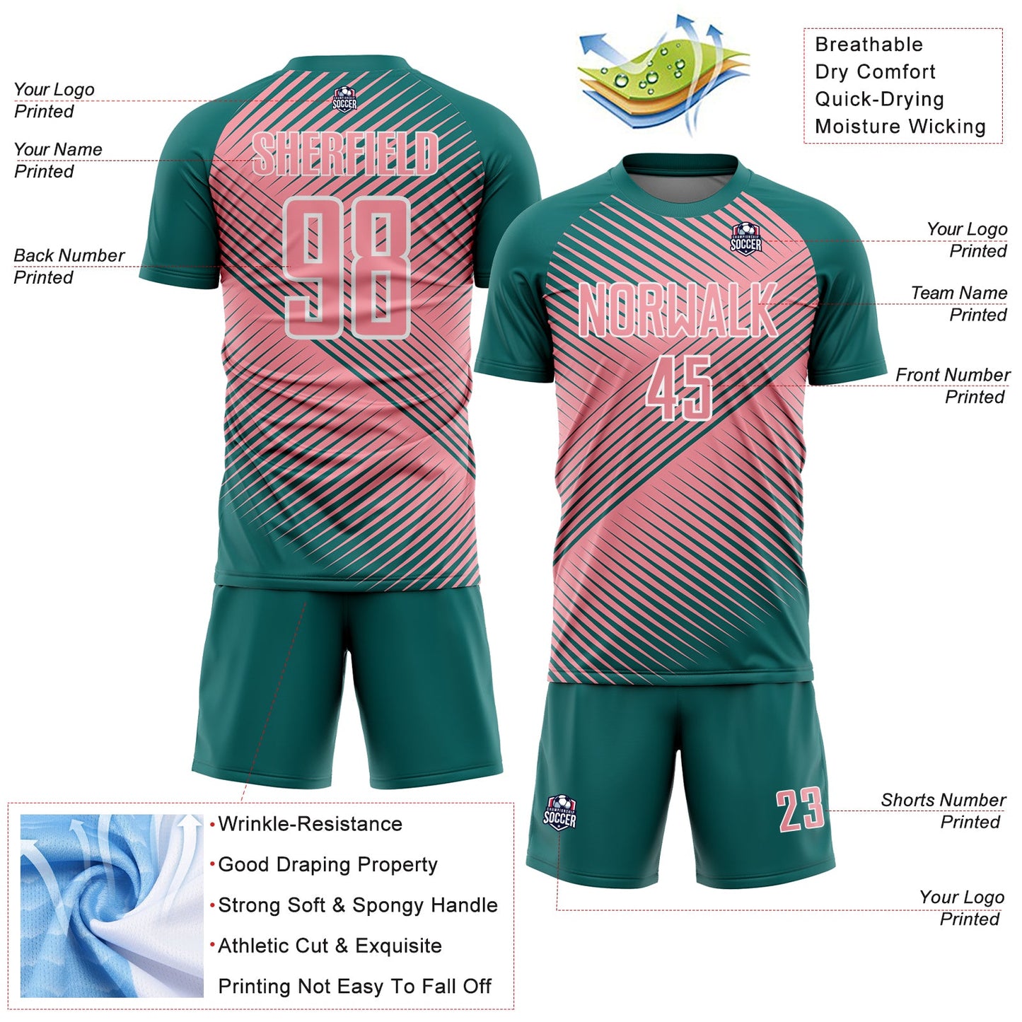 Custom Teal Medium Pink-White Line Sublimation Soccer Uniform Jersey Limited