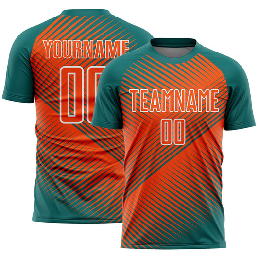 Custom Teal Orange-White Line Sublimation Soccer Uniform Jersey