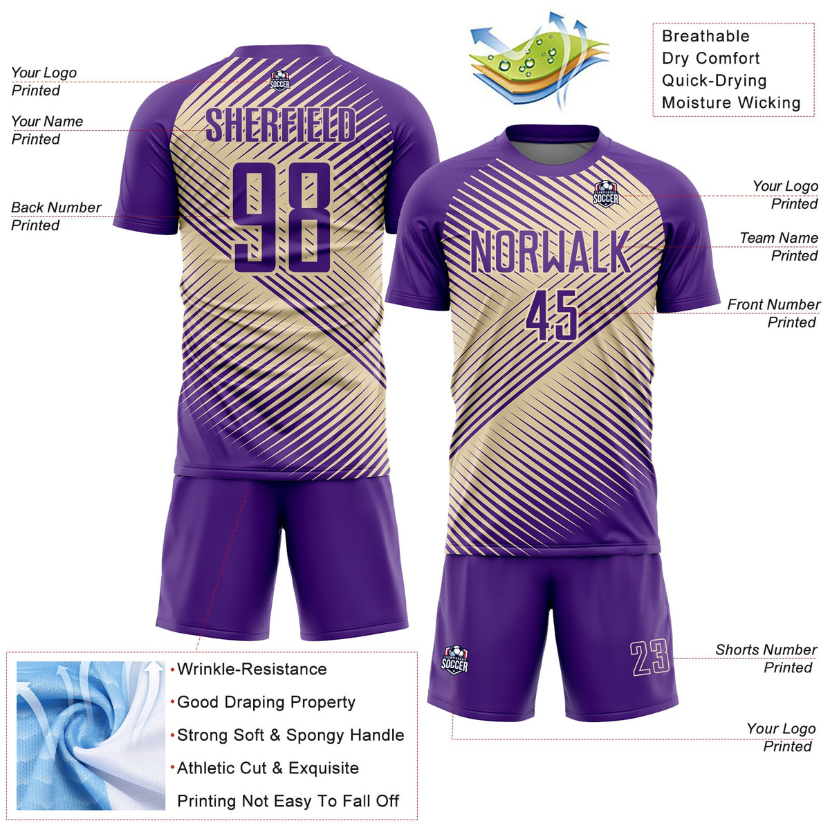 Custom Purple Cream Line Sublimation Soccer Uniform Jersey Limited