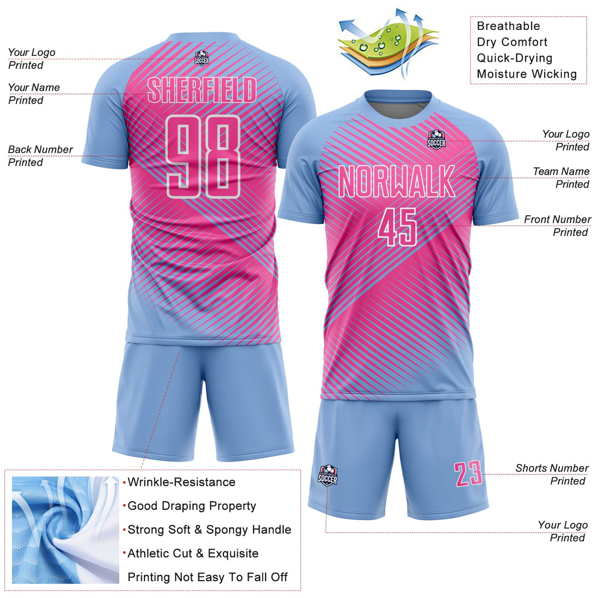 Custom Light Blue Pink-White Line Sublimation Soccer Uniform Jersey Limited