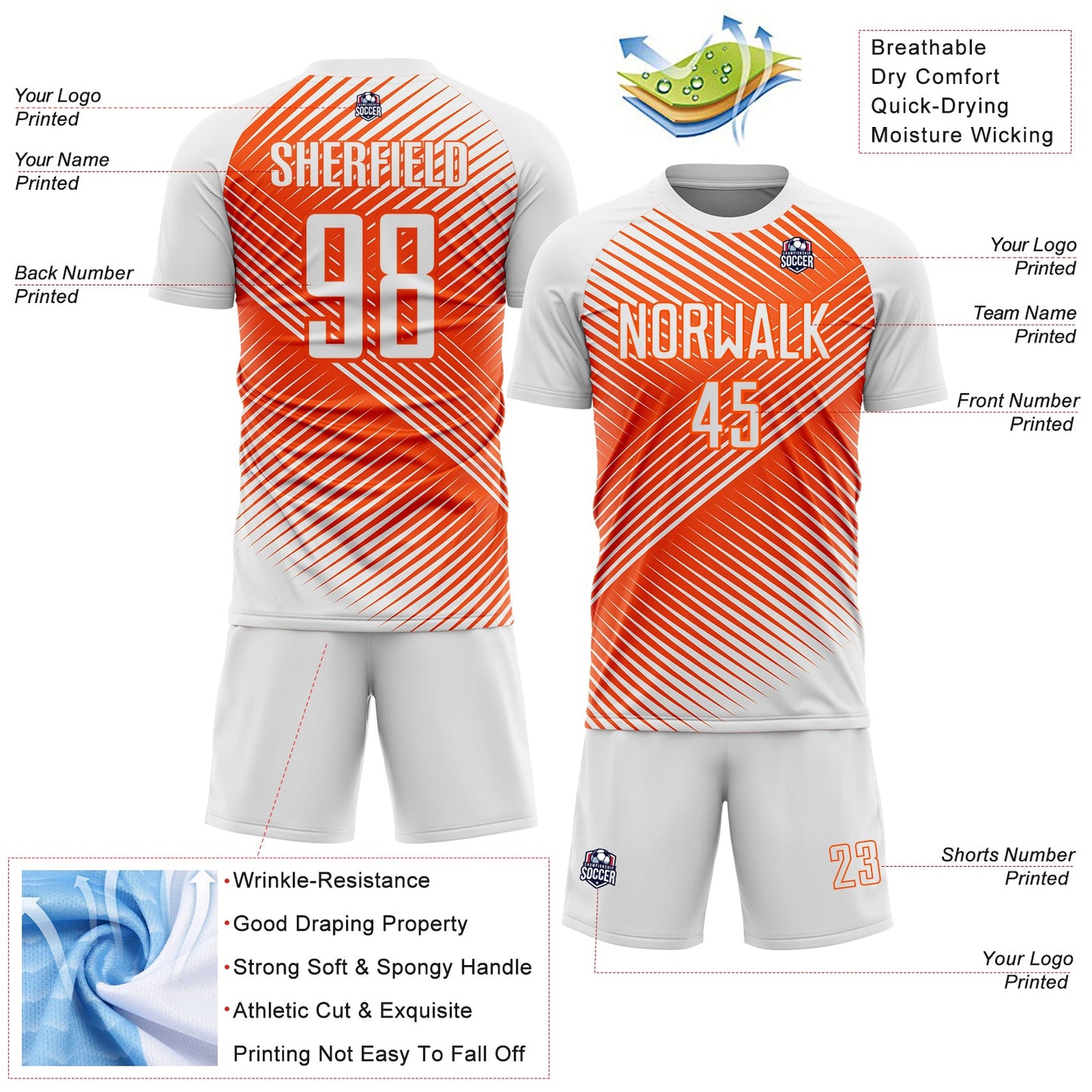 Custom White Orange Line Sublimation Soccer Uniform Jersey Limited