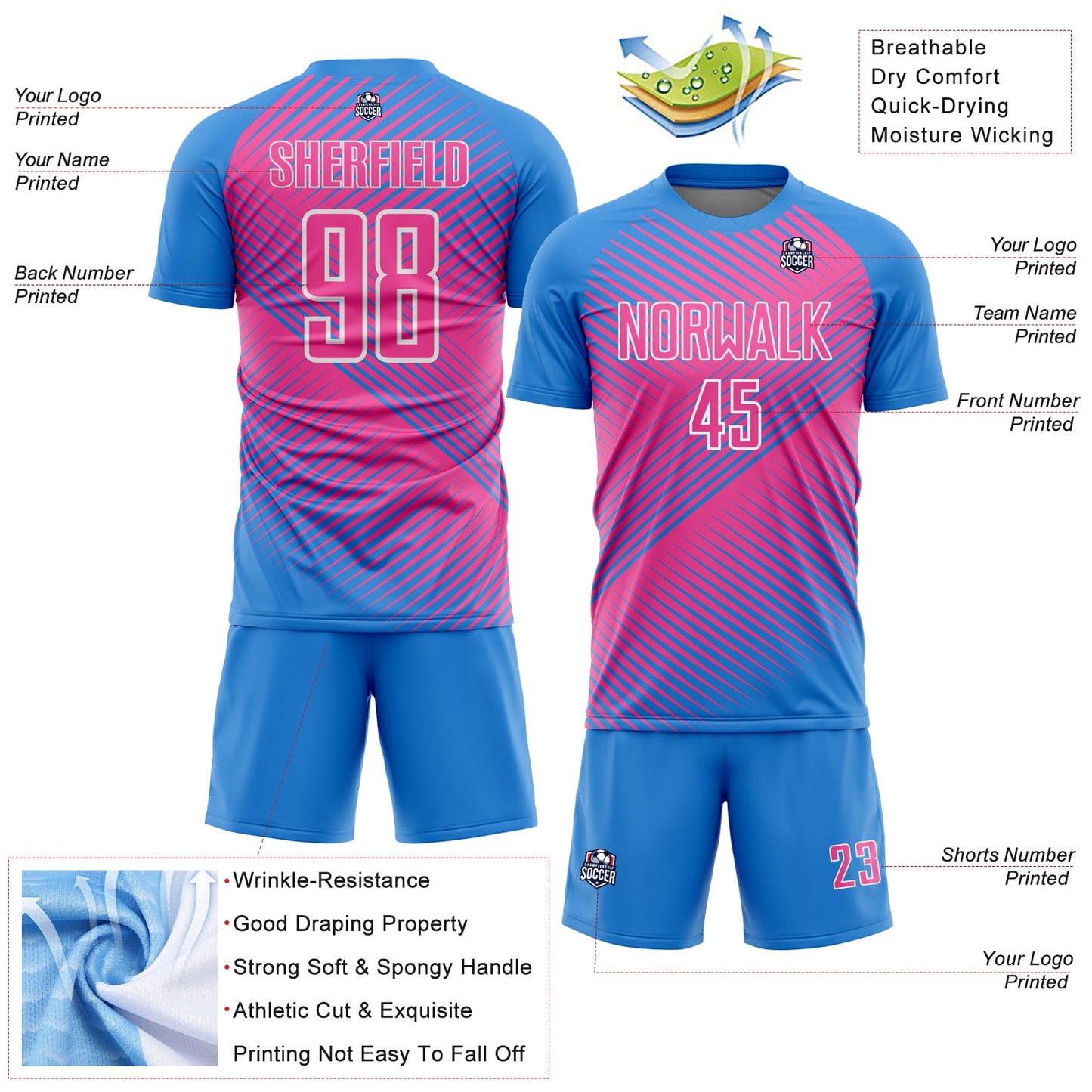 Custom Powder Blue Pink-White Line Sublimation Soccer Uniform Jersey Limited