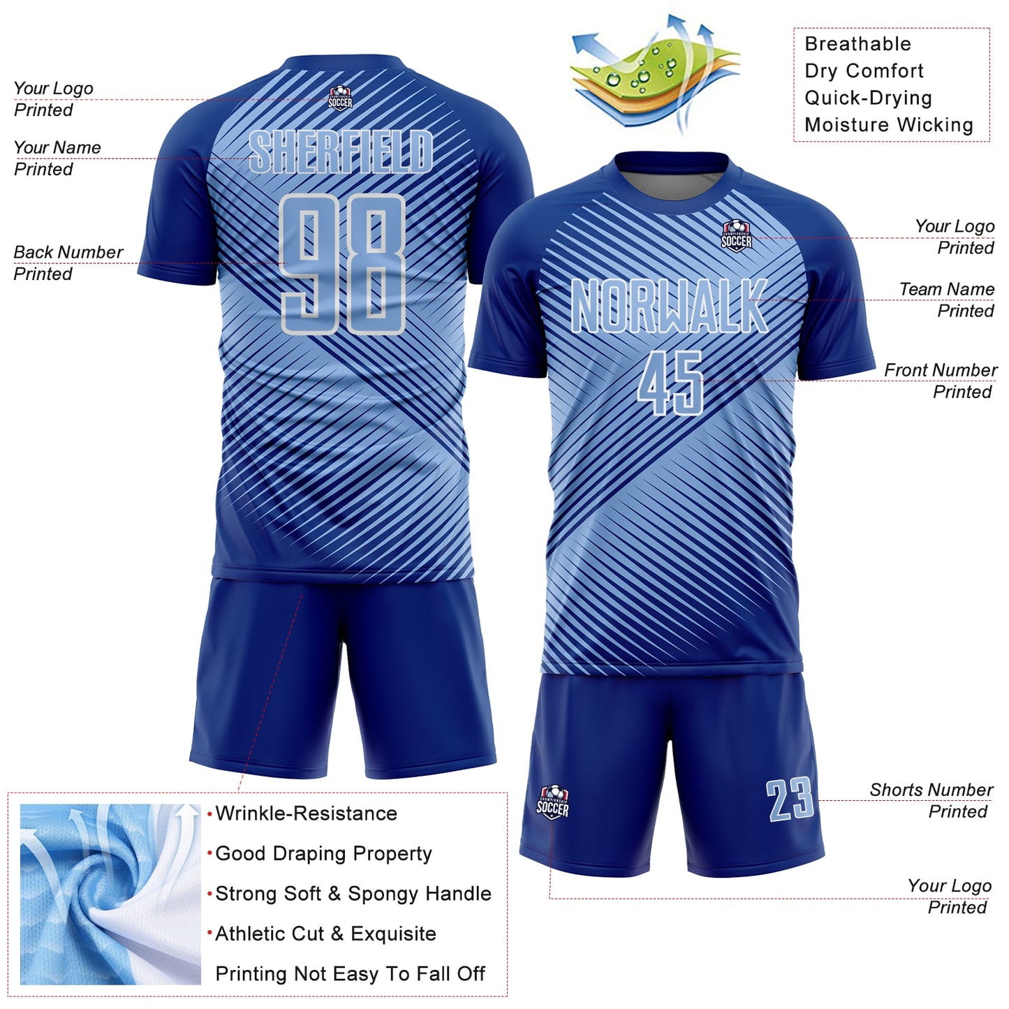 Custom Royal Light Blue-White Line Sublimation Soccer Uniform Jersey Limited