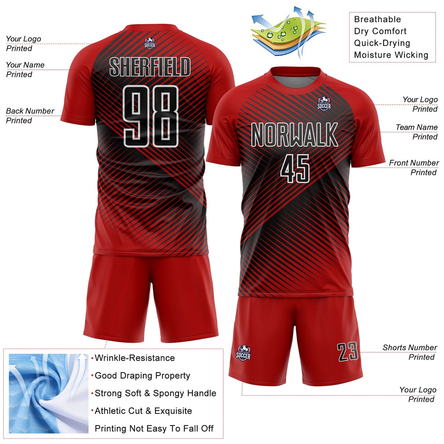 Custom Red Black-White Line Sublimation Soccer Uniform Jersey Limited