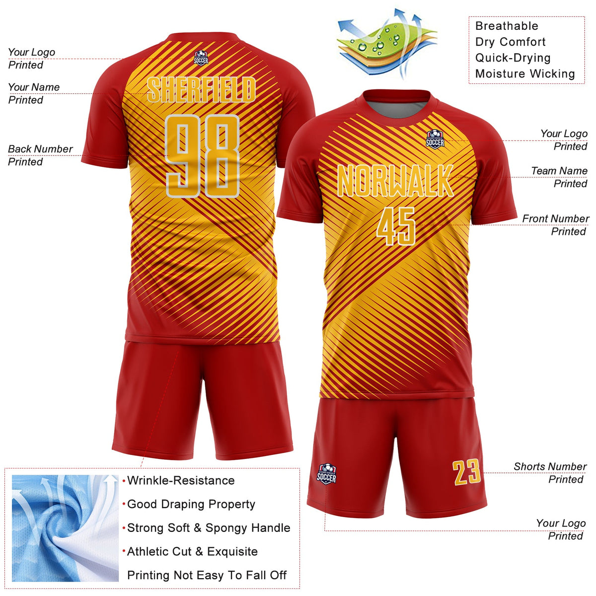 Custom Red Gold-White Line Sublimation Soccer Uniform Jersey Limited