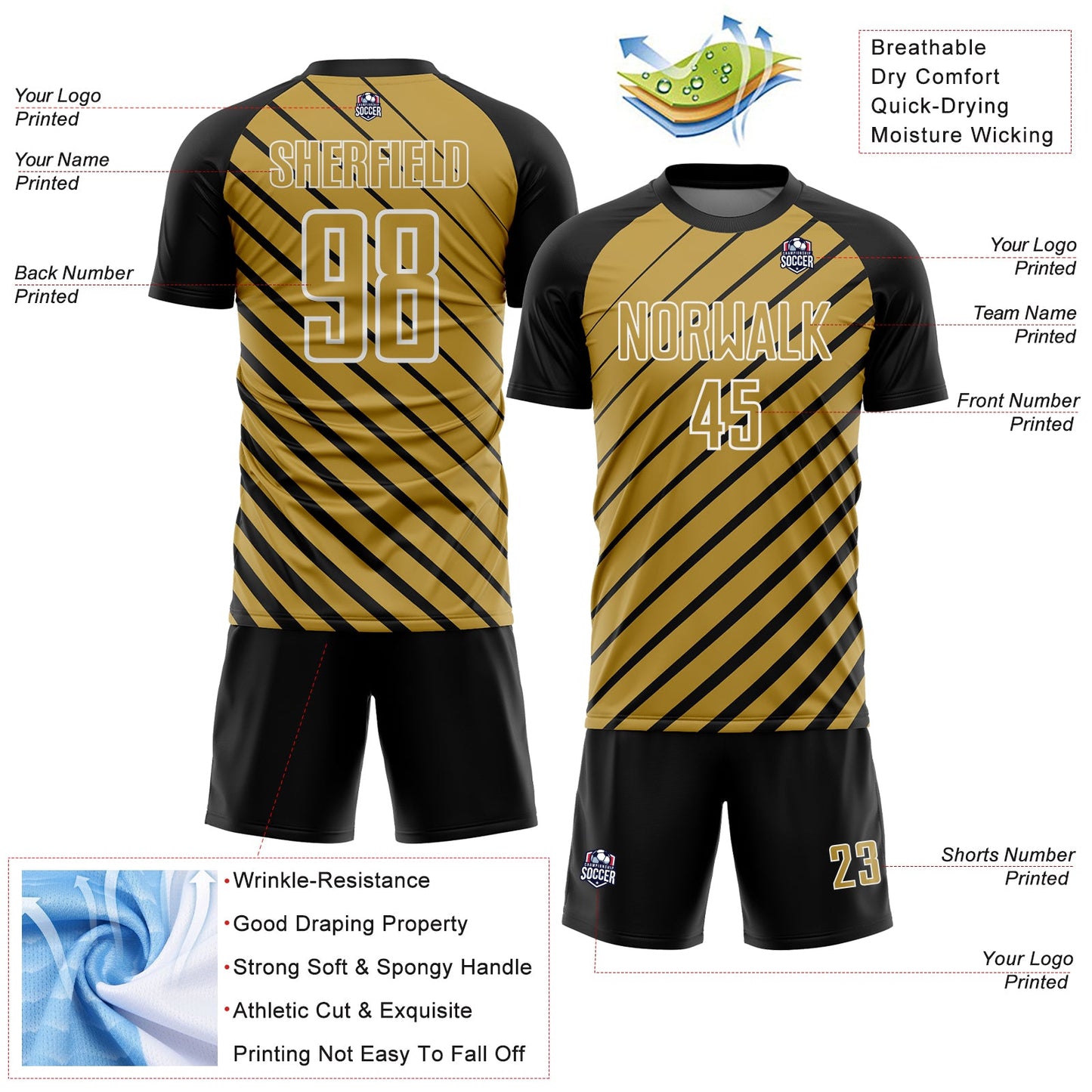 Custom Black Old Gold-White Lines Sublimation Soccer Uniform Jersey Limited