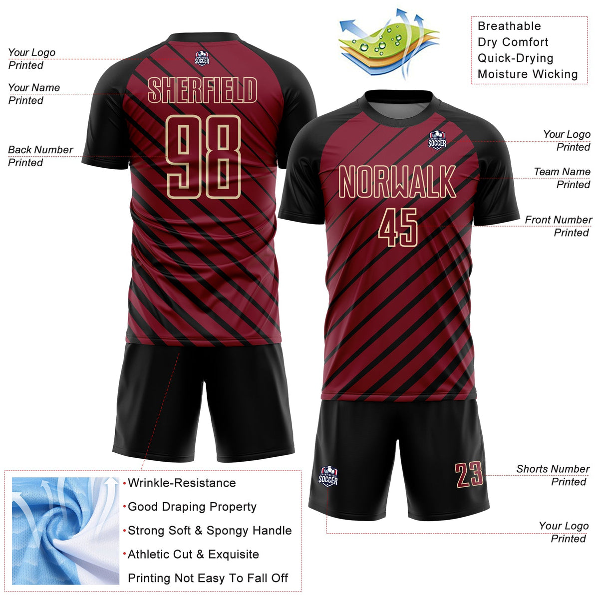 Custom Black Crimson-Cream Lines Sublimation Soccer Uniform Jersey Limited