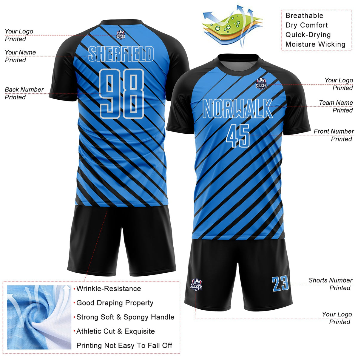 Custom Black Powder Blue-White Lines Sublimation Soccer Uniform Jersey Limited