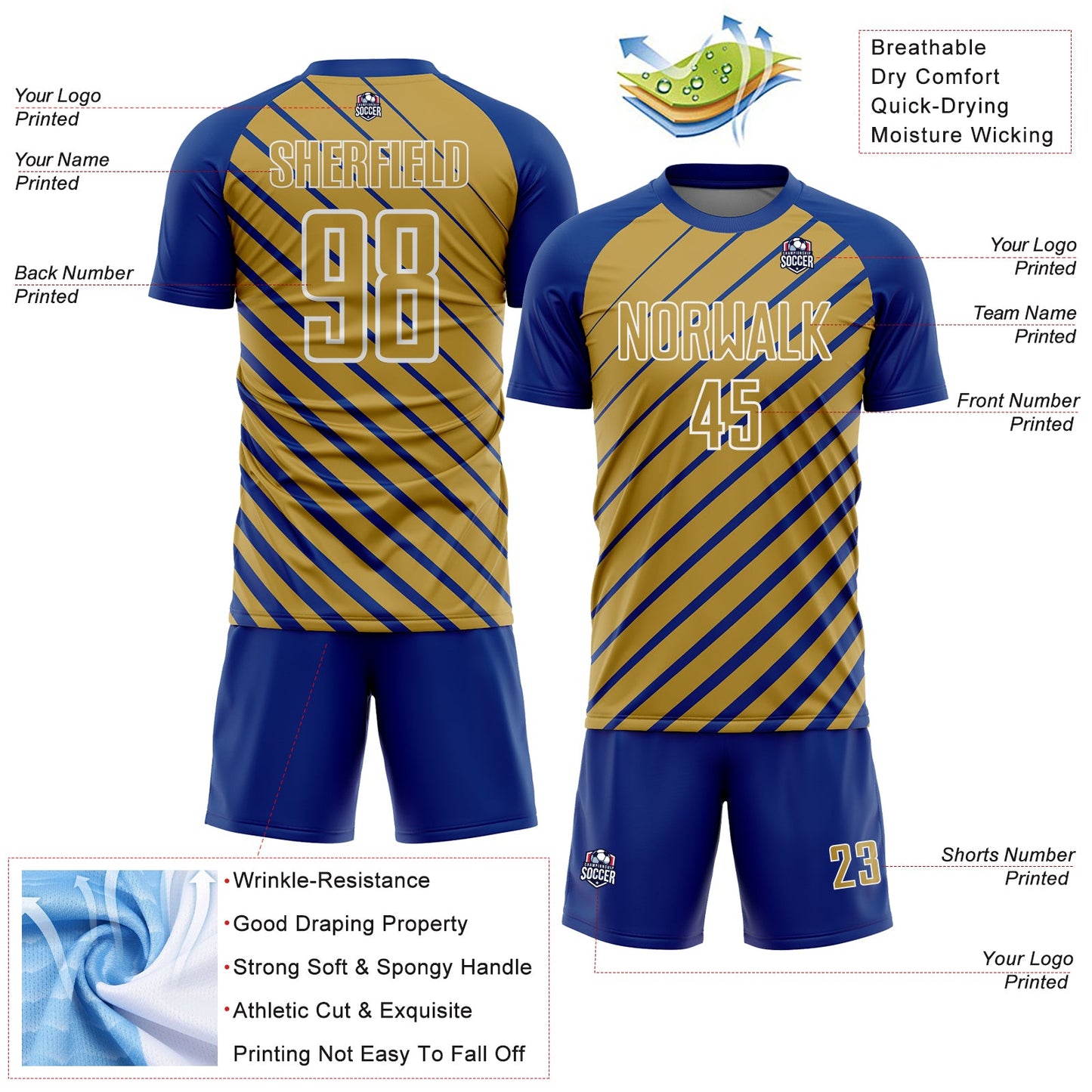 Custom Royal Old Gold-White Lines Sublimation Soccer Uniform Jersey Limited
