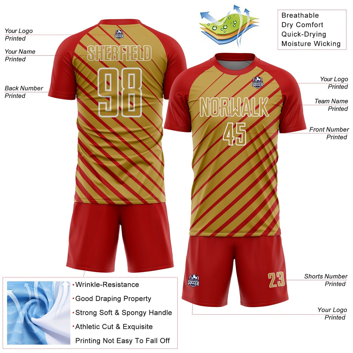 Custom Red Old Gold-White Lines Sublimation Soccer Uniform Jersey Limited