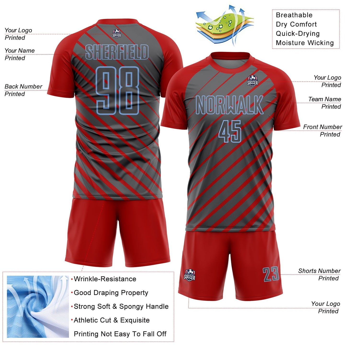 Custom Red Steel Gray-Light Blue Lines Sublimation Soccer Uniform Jersey Limited