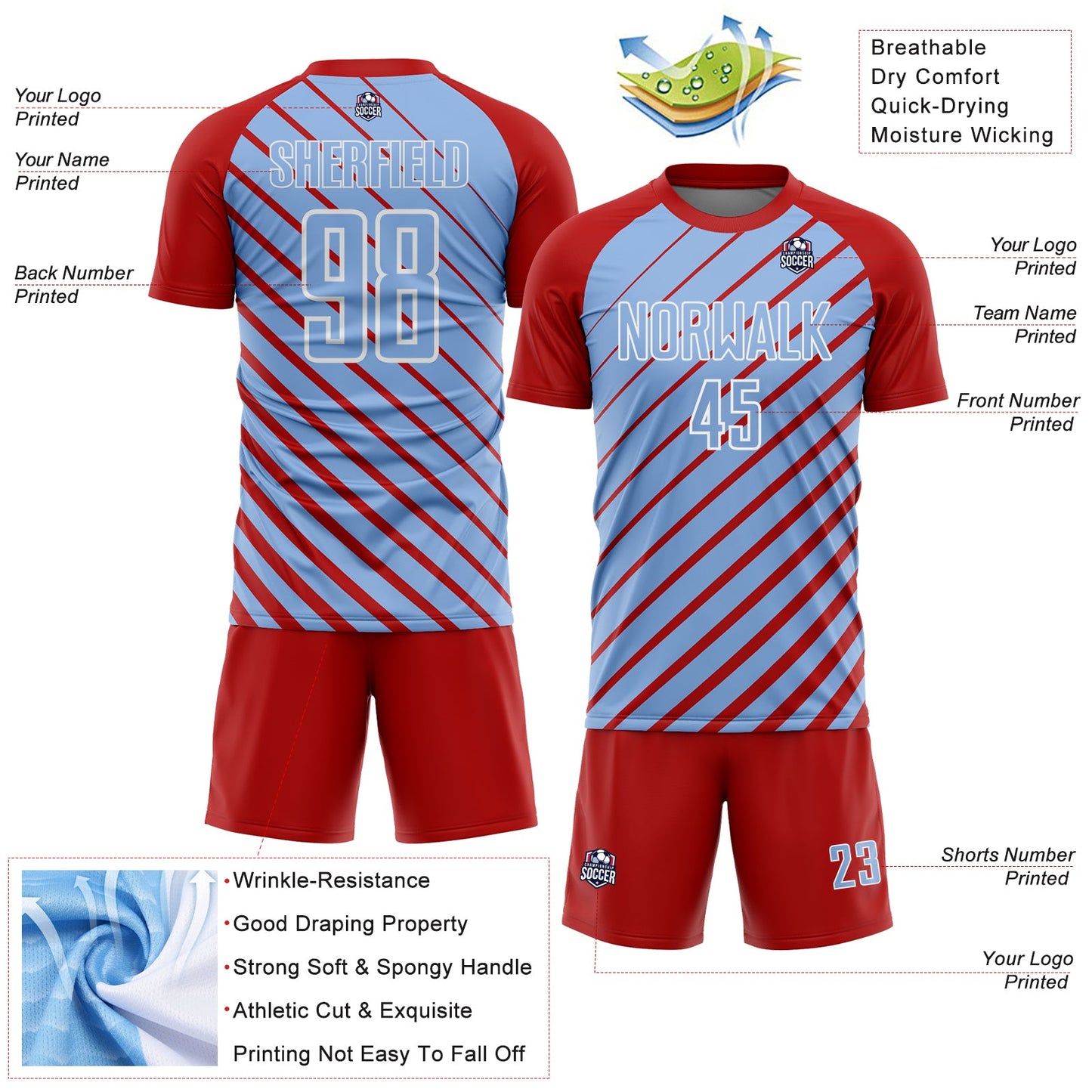 Custom Red Light Blue-White Lines Sublimation Soccer Uniform Jersey Limited
