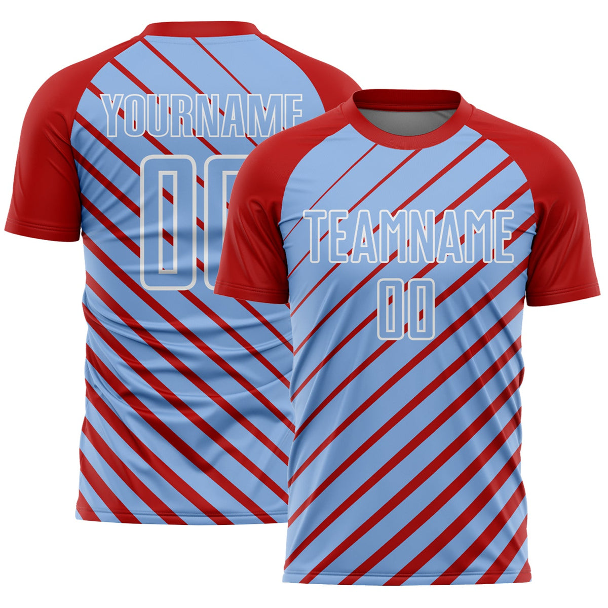 Custom Red Light Blue-White Lines Sublimation Soccer Uniform Jersey