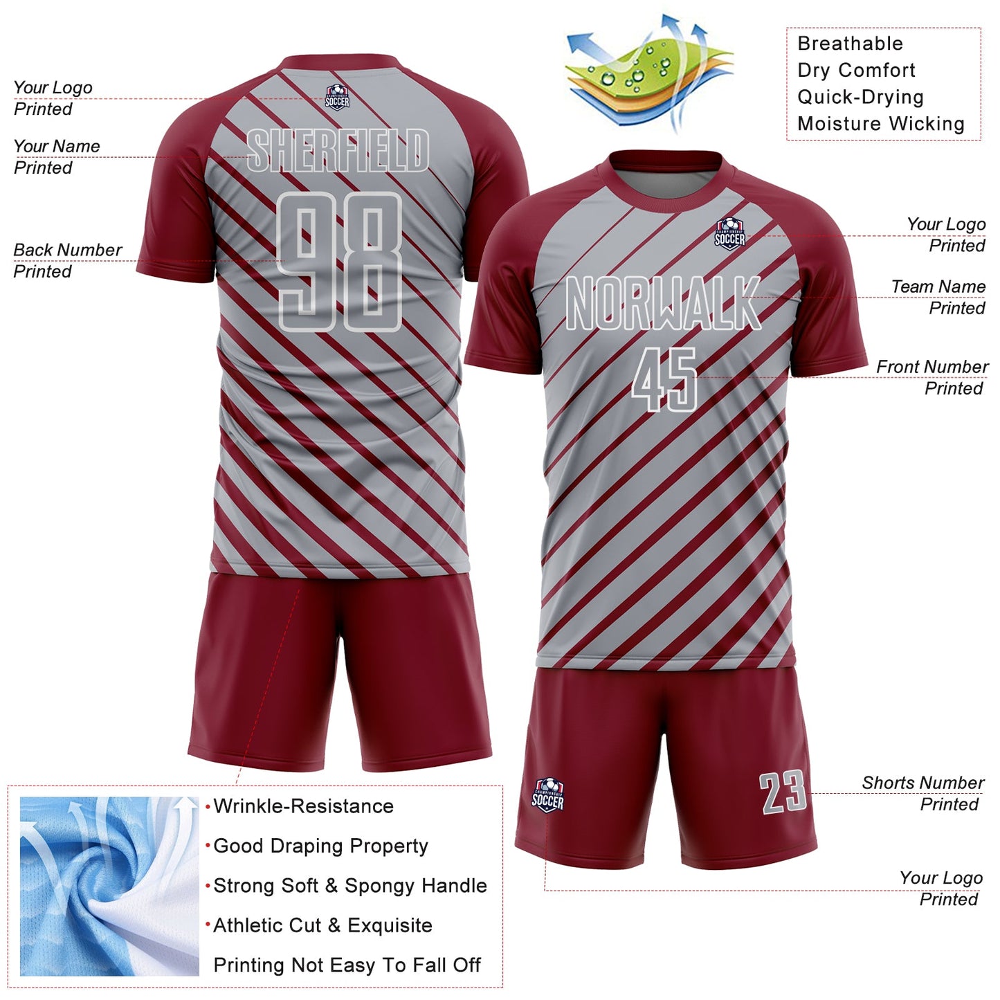 Custom Crimson Gray-White Lines Sublimation Soccer Uniform Jersey Limited