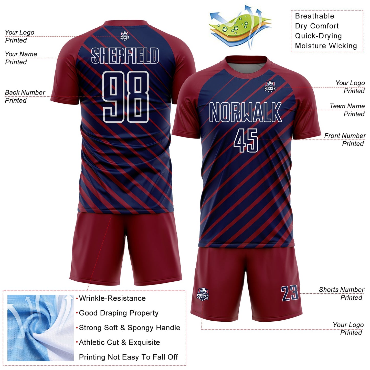 Custom Crimson Navy-White Lines Sublimation Soccer Uniform Jersey Limited
