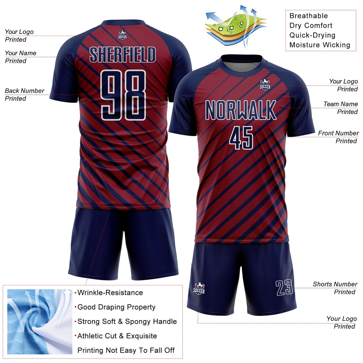 Custom Navy Crimson-White Lines Sublimation Soccer Uniform Jersey Limited